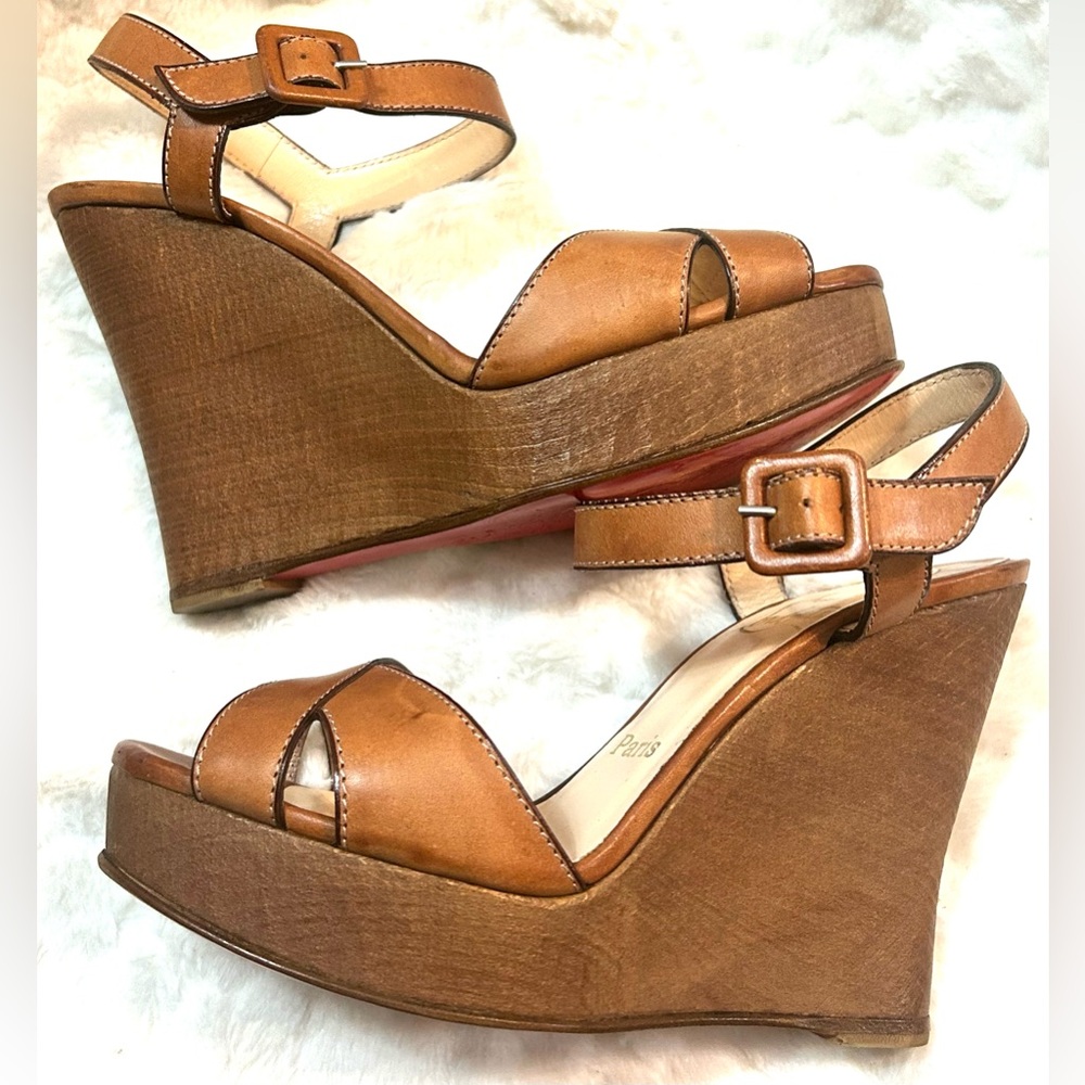 Authentic Christian Louboutin Leather Tan Wooden Wedge Sandals US size 6 - Picture 7 of 16